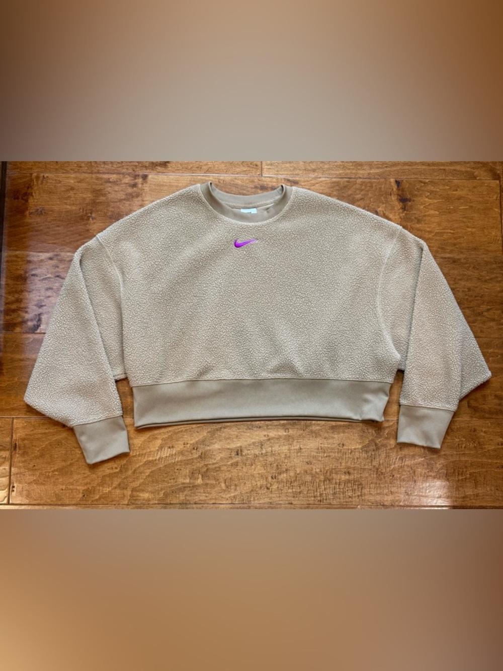 Nike Sherpa Cropped Sweatshirt Beige Fleece Pullover Pink Swoosh S